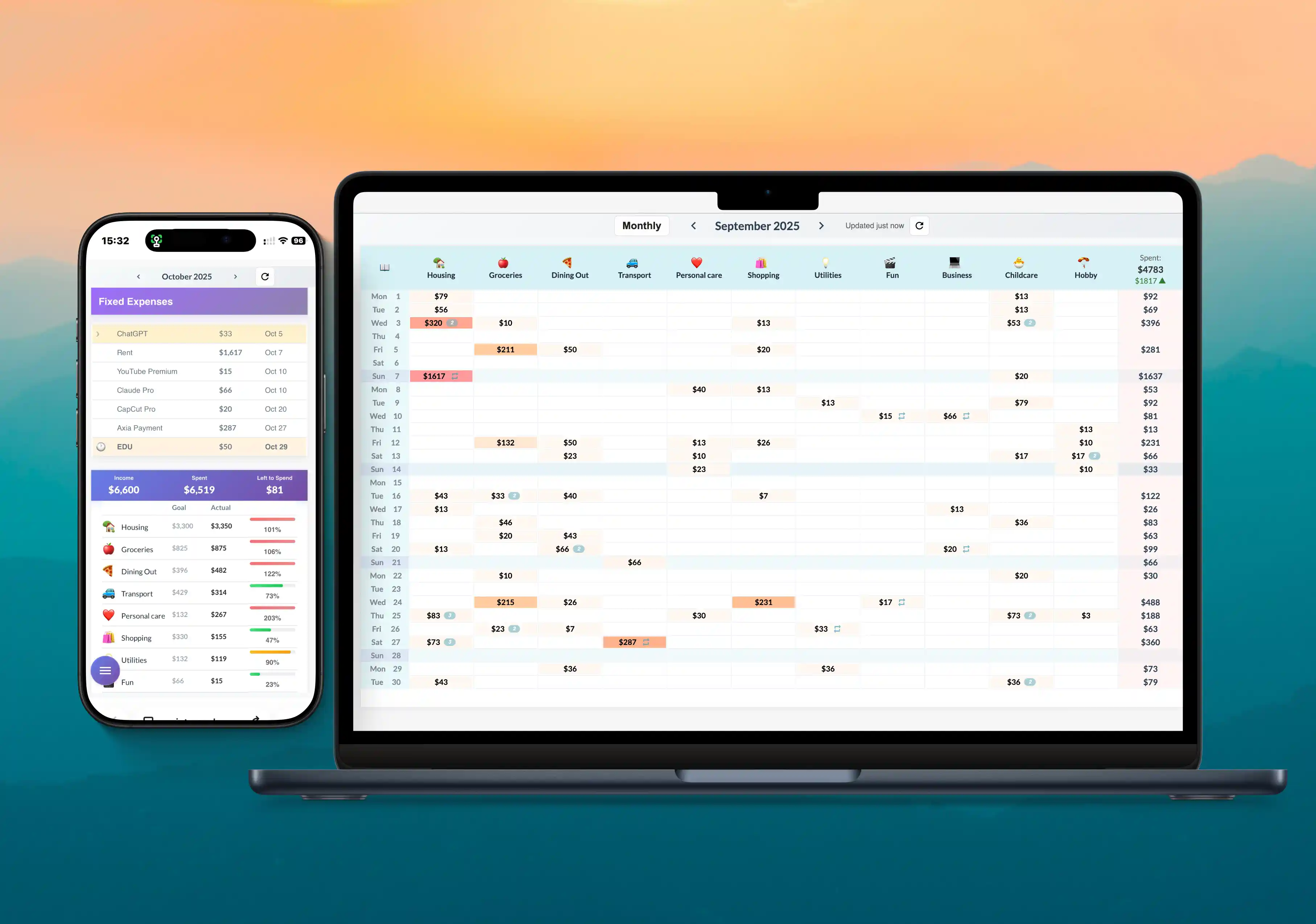 Simplify Budget monthly calendar view showing expense tracking